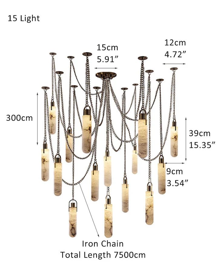1/3/5/7/9/12/15-light LED Multi-Drop Aged Brass Hanging Lights for hall | alabaster shade
