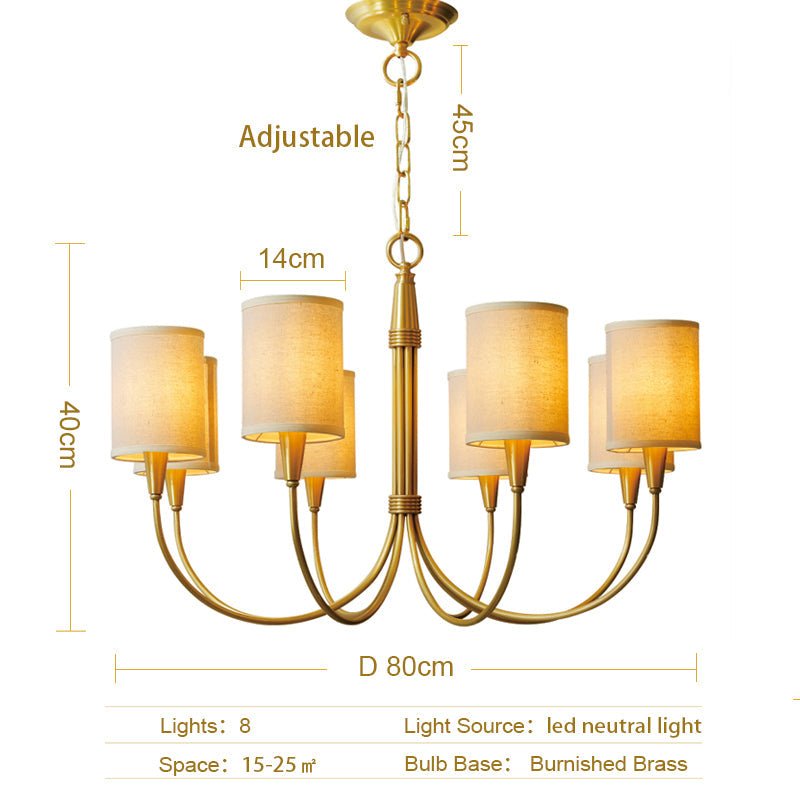 Brass Chandelier|Mid Century Ceiling Fixtures Light|Fabric Shades Adjustable Chain Pendant-Nobipets