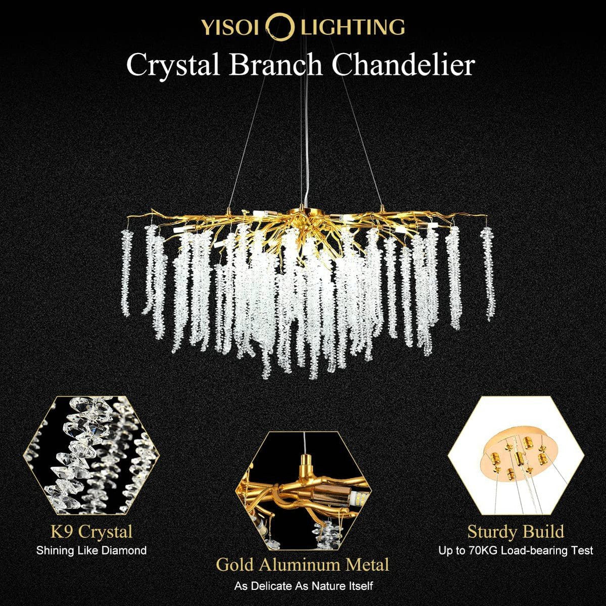 Doris White Crystal Rectangle Branch Chandelier Gold 45"L-Nobipets
