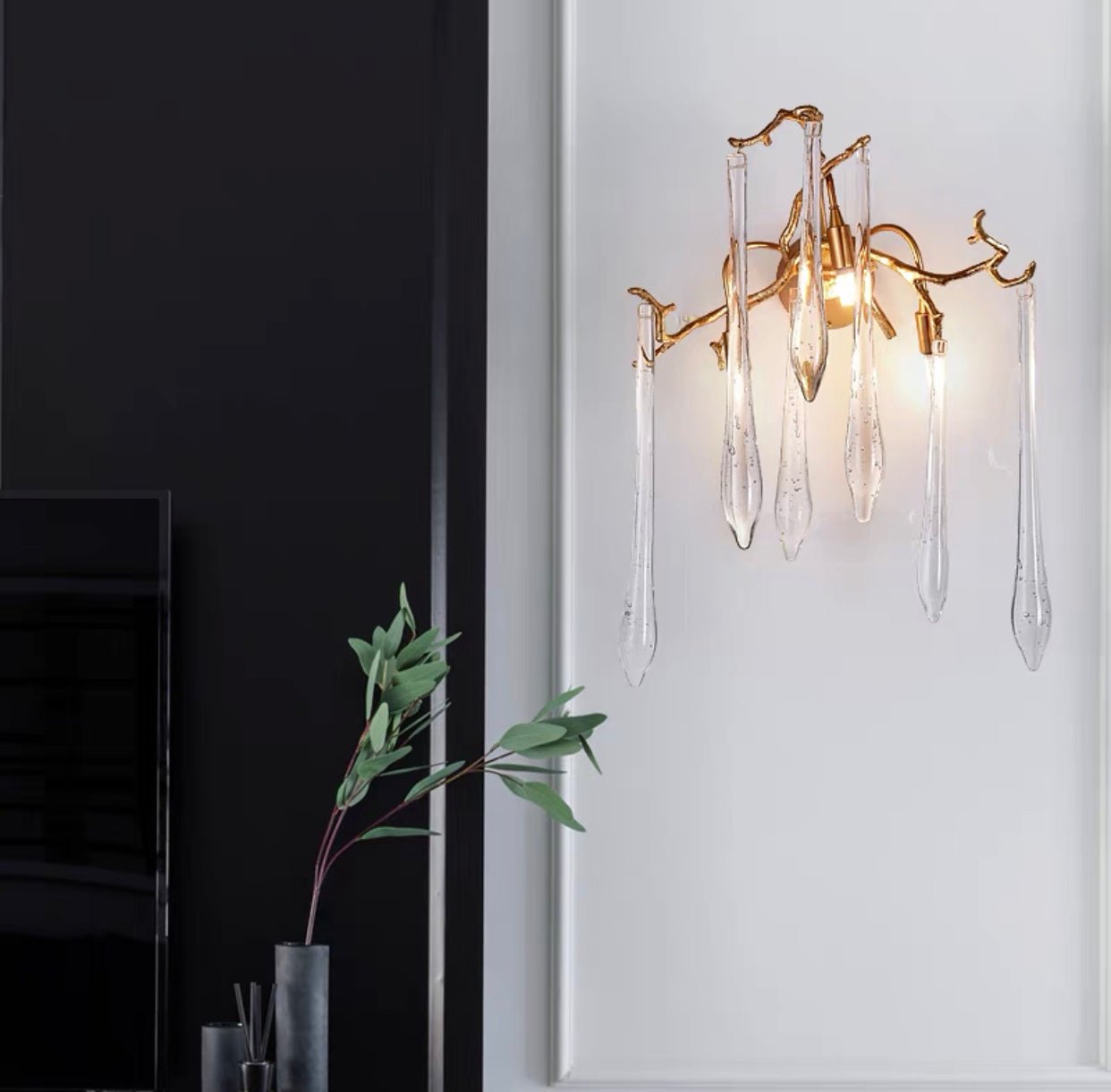 French Style Living Room Branch Crystal Drops Chandelier Modern Copper Gold Finish Dining Room Ceiling Lighting Fixture-Nobipets