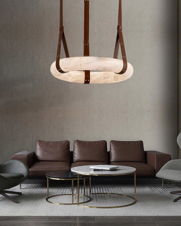 Oslo Alabaster Ring Round Pendant Chandelier, Modern Leather Strip Chandelier