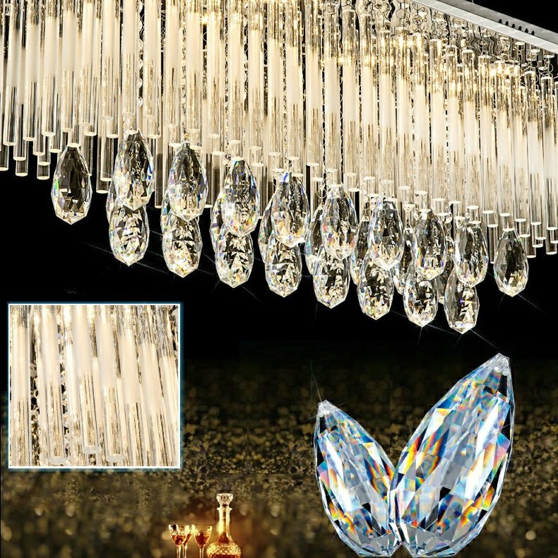 Rectangle Kitchen Island Crystal Drops Chandelier Ceiling Pendant Light For Long Dining Table-Nobipets