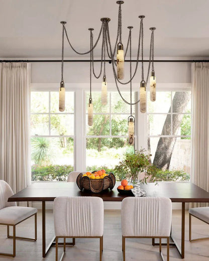 1/3/5/7/9/12/15-light LED Multi-Drop Aged Brass Hanging Lights for hall | alabaster shade