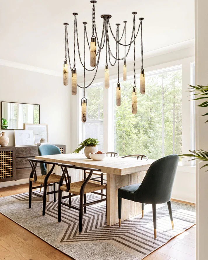 1/3/5/7/9/12/15-light LED Multi-Drop Aged Brass Hanging Lights for hall | alabaster shade
