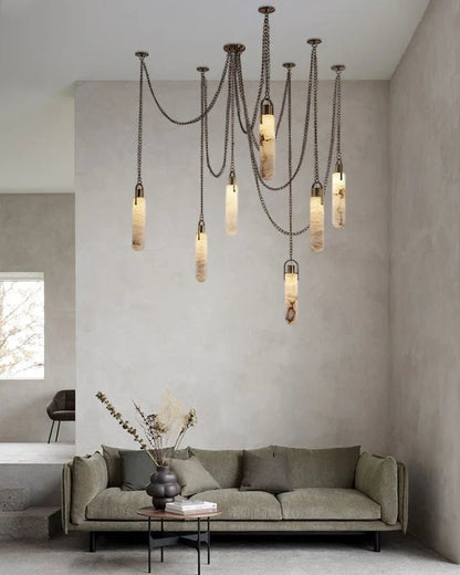 1/3/5/7/9/12/15-light LED Multi-Drop Aged Brass Hanging Lights for hall | alabaster shade