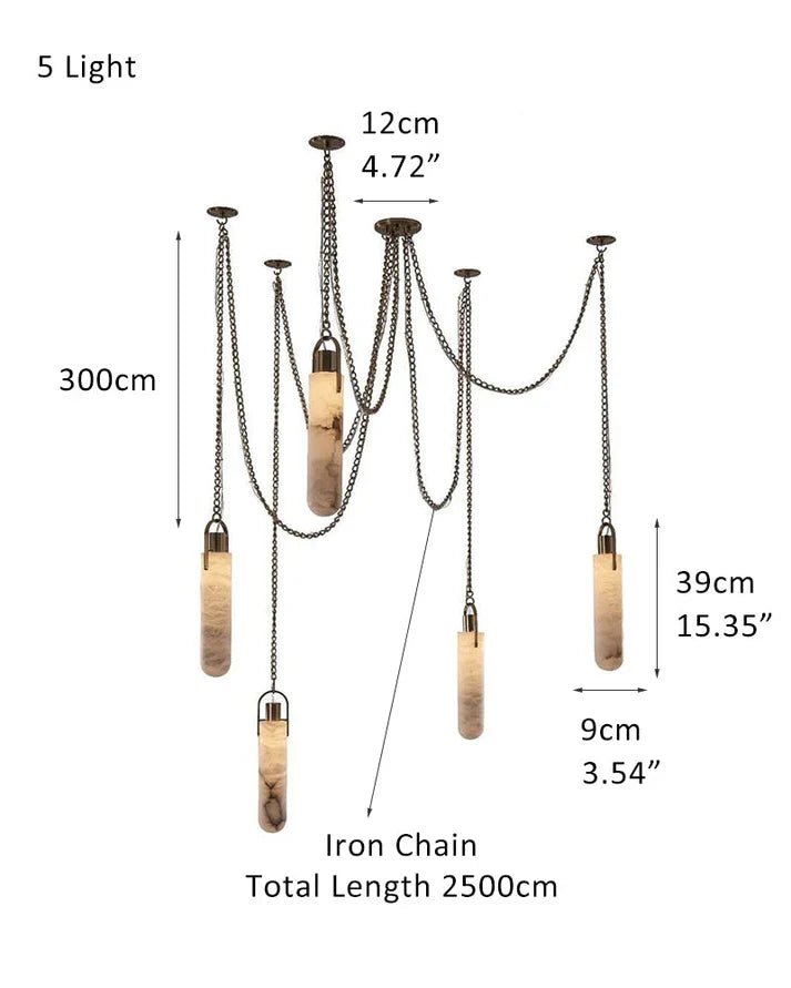 1/3/5/7/9/12/15-light LED Multi-Drop Aged Brass Hanging Lights for hall | alabaster shade