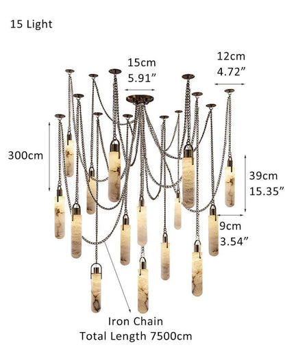 1/3/5/7/9/12/15-light LED Multi-Drop Aged Brass Hanging Lights for hall | alabaster shade