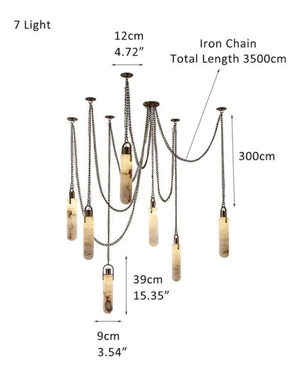 1/3/5/7/9/12/15-light LED Multi-Drop Aged Brass Hanging Lights for hall | alabaster shade