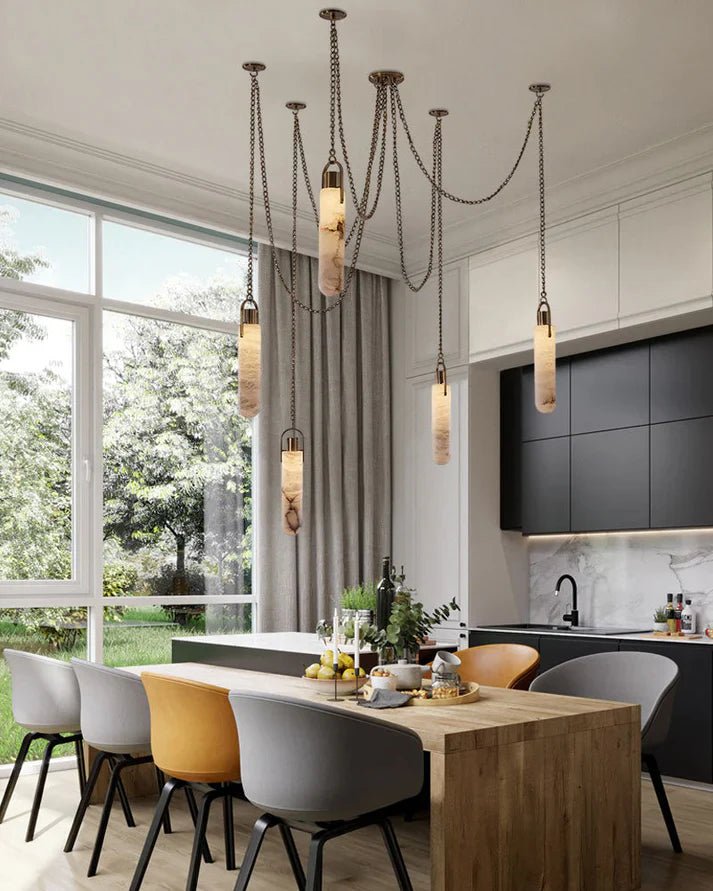 1/3/5/7/9/12/15-light LED Multi-Drop Aged Brass Hanging Lights for hall | alabaster shade