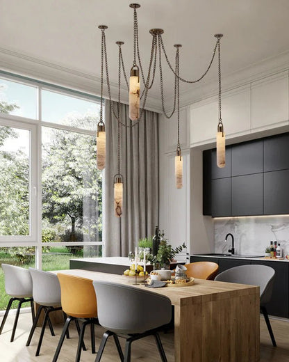 1/3/5/7/9/12/15-light LED Multi-Drop Aged Brass Hanging Lights for hall | alabaster shade