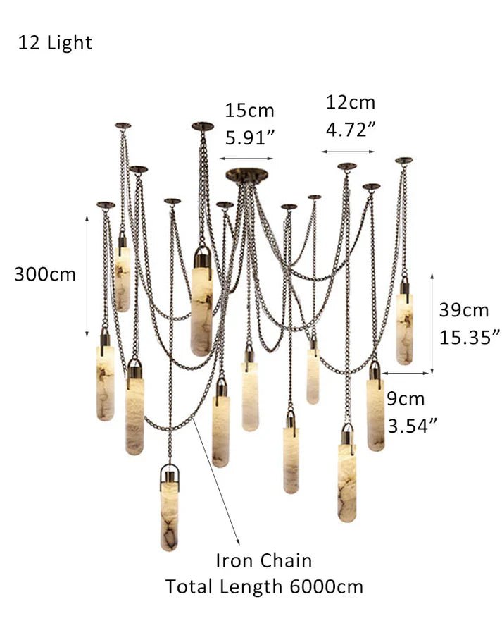 1/3/5/7/9/12/15-light LED Multi-Drop Aged Brass Hanging Lights for hall | alabaster shade