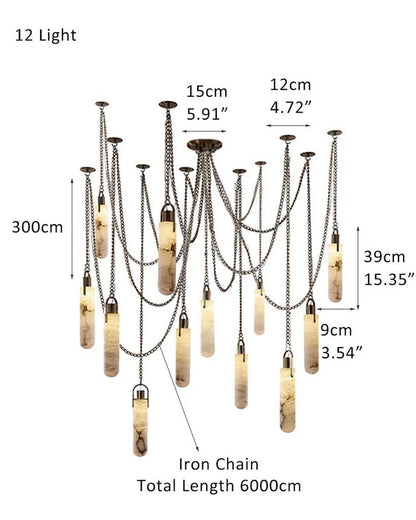 1/3/5/7/9/12/15-light LED Multi-Drop Aged Brass Hanging Lights for hall | alabaster shade
