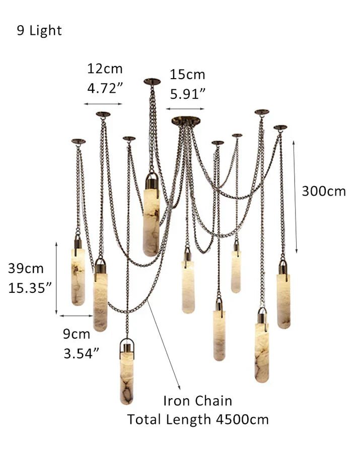 1/3/5/7/9/12/15-light LED Multi-Drop Aged Brass Hanging Lights for hall | alabaster shade