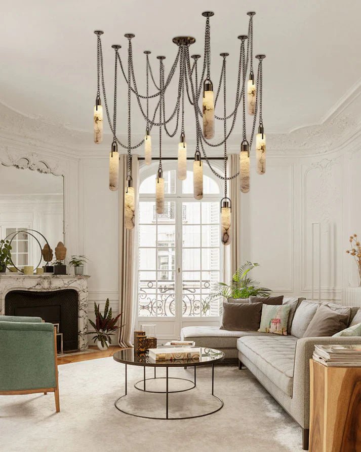 1/3/5/7/9/12/15-light LED Multi-Drop Aged Brass Hanging Lights for hall | alabaster shade