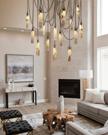 1/3/5/7/9/12/15-light LED Multi-Drop Aged Brass Hanging Lights for hall | alabaster shade