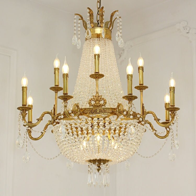 8/12/15 Lights Decorative Empire Brass Candles Crystal Chandelier Romantic Foyer Living Room Ceiling Light Fixture in Pure Copper Finish-Nobipets