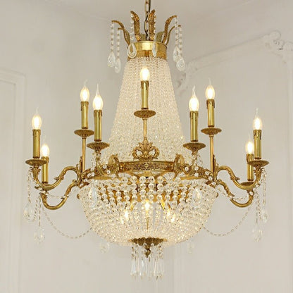 8/12/15 Lights Decorative Empire Brass Candles Crystal Chandelier Romantic Foyer Living Room Ceiling Light Fixture in Pure Copper Finish-Nobipets