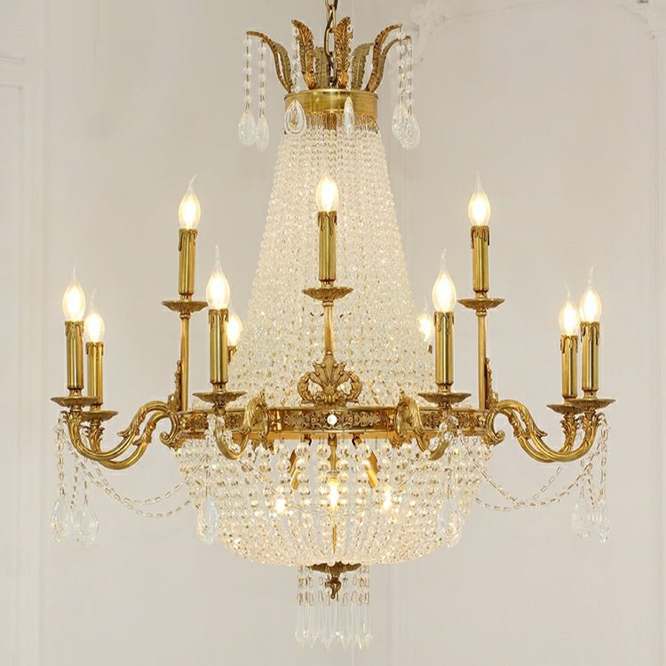 8/12/15 Lights Decorative Empire Brass Candles Crystal Chandelier Romantic Foyer Living Room Ceiling Light Fixture in Pure Copper Finish-Nobipets