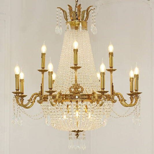 8/12/15 Lights Decorative Empire Brass Candles Crystal Chandelier Romantic Foyer Living Room Ceiling Light Fixture in Pure Copper Finish-Nobipets