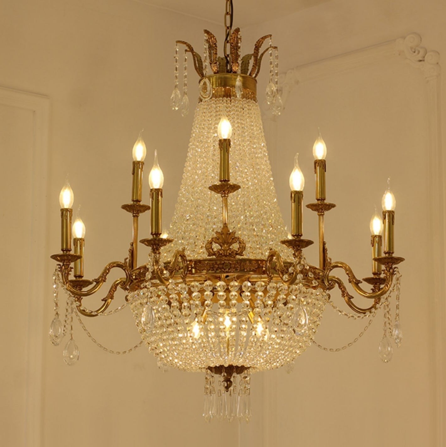 8/12/15 Lights Decorative Empire Brass Candles Crystal Chandelier Romantic Foyer Living Room Ceiling Light Fixture in Pure Copper Finish-Nobipets