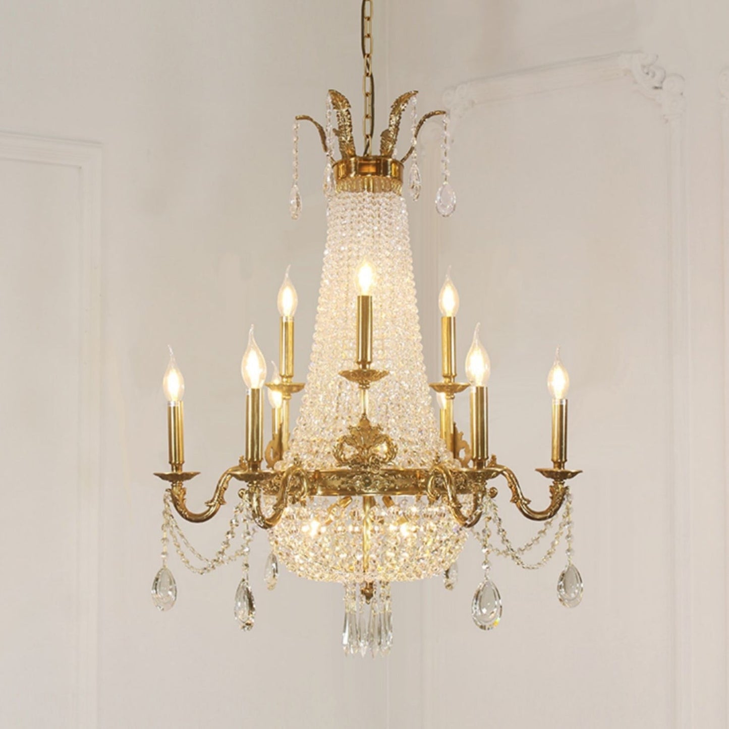 8/12/15 Lights Decorative Empire Brass Candles Crystal Chandelier Romantic Foyer Living Room Ceiling Light Fixture in Pure Copper Finish-Nobipets