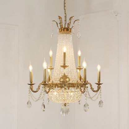 8/12/15 Lights Decorative Empire Brass Candles Crystal Chandelier Romantic Foyer Living Room Ceiling Light Fixture in Pure Copper Finish-Nobipets