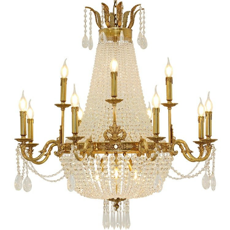 8/12/15 Lights Decorative Empire Brass Candles Crystal Chandelier Romantic Foyer Living Room Ceiling Light Fixture in Pure Copper Finish-Nobipets