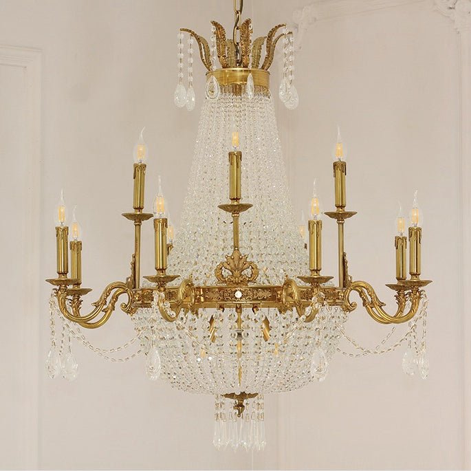 8/12/15 Lights Decorative Empire Brass Candles Crystal Chandelier Romantic Foyer Living Room Ceiling Light Fixture in Pure Copper Finish-Nobipets