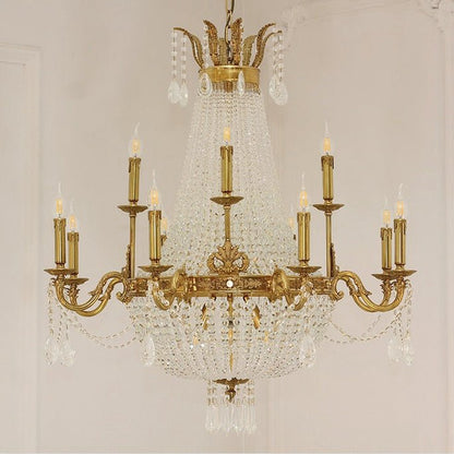 8/12/15 Lights Decorative Empire Brass Candles Crystal Chandelier Romantic Foyer Living Room Ceiling Light Fixture in Pure Copper Finish-Nobipets