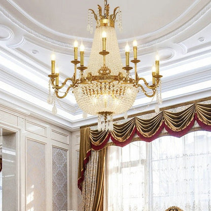8/12/15 Lights Decorative Empire Brass Candles Crystal Chandelier Romantic Foyer Living Room Ceiling Light Fixture in Pure Copper Finish-Nobipets