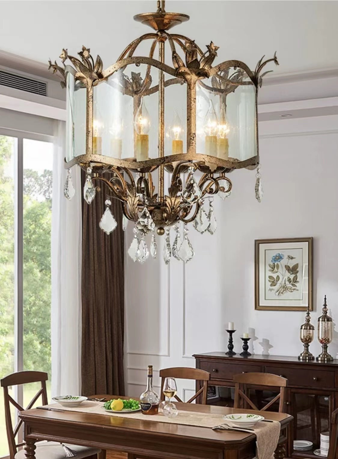 Affordable Retro Wrought Iron Glass Shade Candle Pendant Chandelier for Dining Room/Bedroom-Nobipets