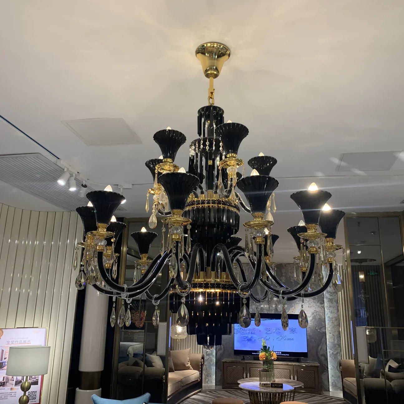 American Traditional Candle Branch Crystal Chandelier Black And Gold Luxury Living Room/Dining Room Light Fixture-Nobipets
