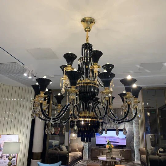 American Traditional Candle Branch Crystal Chandelier Black And Gold Luxury Living Room/Dining Room Light Fixture-Nobipets