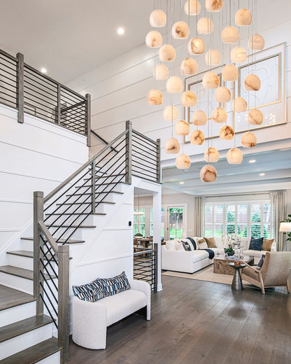 Arica Round Gold Chandelier with Natural Alabaster Stone Shades, Chandelier for High Ceiling