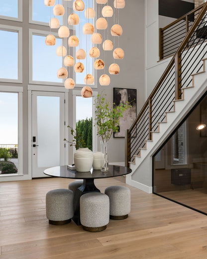 Arica Round Gold Chandelier with Natural Alabaster Stone Shades, Chandelier for High Ceiling