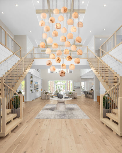 Arica Round Gold Chandelier with Natural Alabaster Stone Shades, Chandelier for High Ceiling