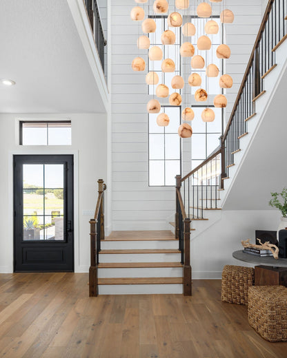 Arica Round Gold Chandelier with Natural Alabaster Stone Shades, Chandelier for High Ceiling