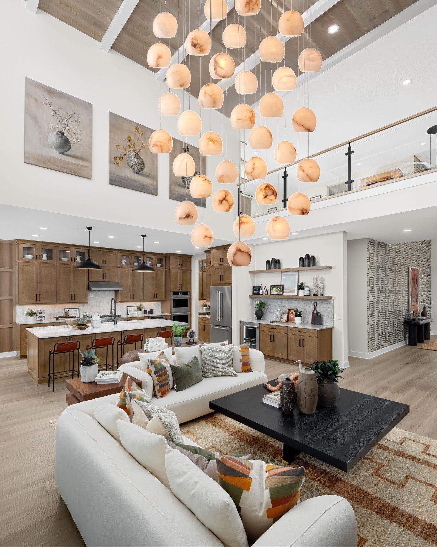 Arica Round Gold Chandelier with Natural Alabaster Stone Shades, Chandelier for High Ceiling