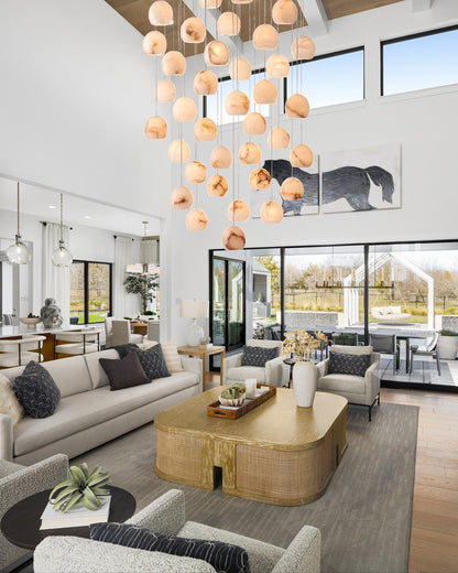 Arica Round Gold Chandelier with Natural Alabaster Stone Shades, Chandelier for High Ceiling