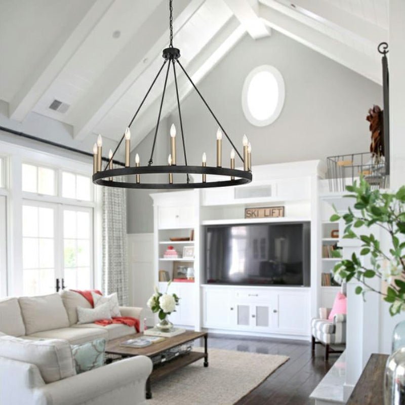 Black/ Brass Dust Wagon Wheel Chandelier Candle Style Farmhouse Vintage Ceiling Light For Living Room-Nobipets