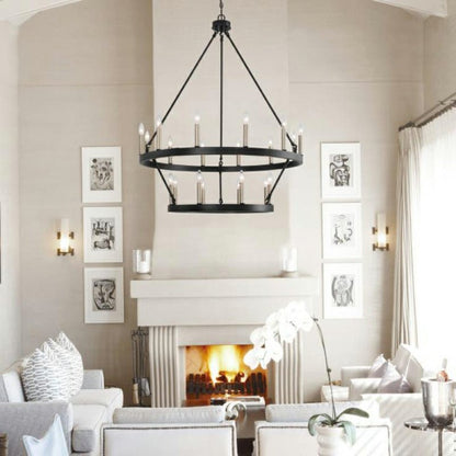 Black/ Brass Dust Wagon Wheel Chandelier Candle Style Farmhouse Vintage Ceiling Light For Living Room-Nobipets