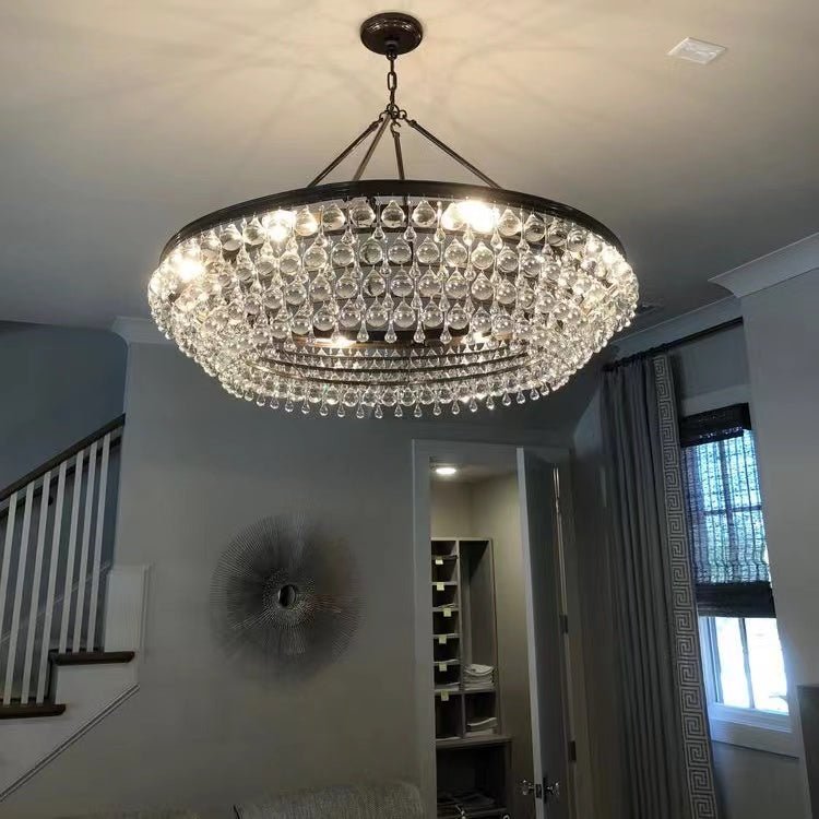 Black Finish Iron Semi Flush Mount Light Fixture Round Crystal Drops Ceiling Chandelier For Living Room-Nobipets
