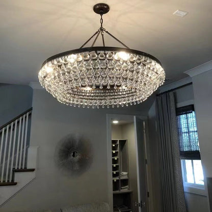 Black Finish Iron Semi Flush Mount Light Fixture Round Crystal Drops Ceiling Chandelier For Living Room-Nobipets