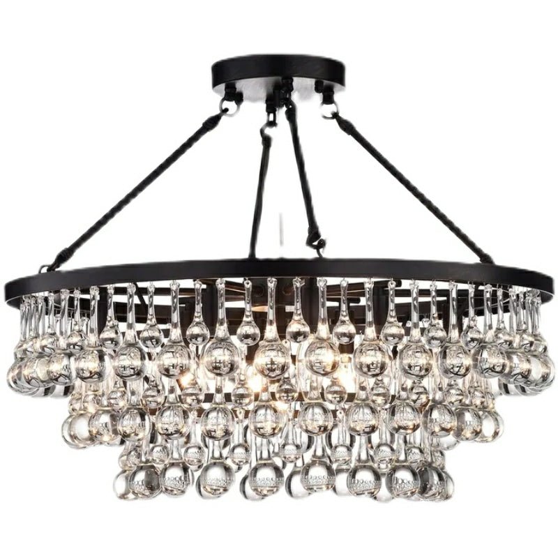 Black Finish Iron Semi Flush Mount Light Fixture Round Crystal Drops Ceiling Chandelier For Living Room-Nobipets