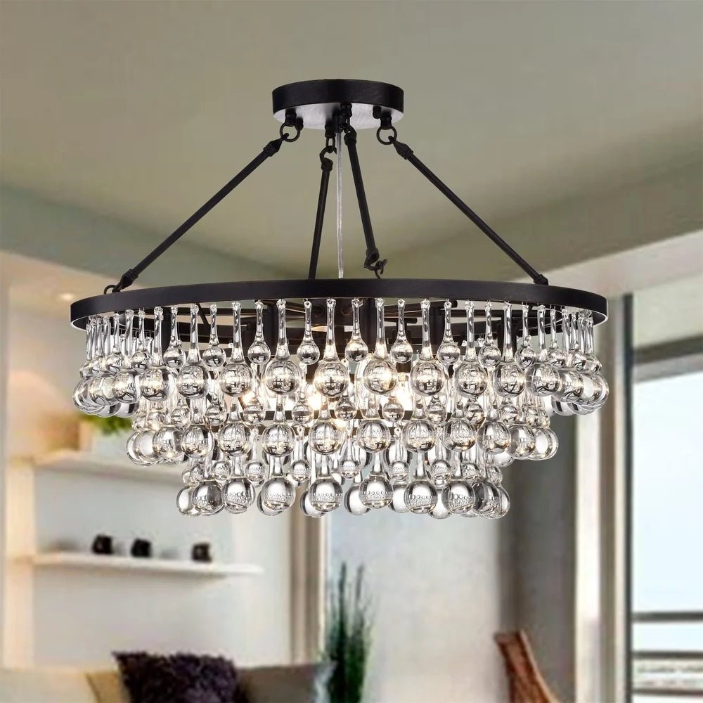 Black Finish Iron Semi Flush Mount Light Fixture Round Crystal Drops Ceiling Chandelier For Living Room-Nobipets
