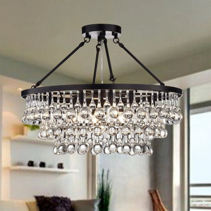 Black Finish Iron Semi Flush Mount Light Fixture Round Crystal Drops Ceiling Chandelier For Living Room-Nobipets