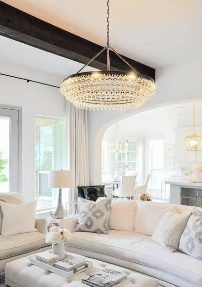 Black Finish Iron Semi Flush Mount Light Fixture Round Crystal Drops Ceiling Chandelier For Living Room-Nobipets