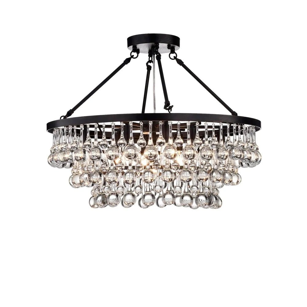 Black Finish Iron Semi Flush Mount Light Fixture Round Crystal Drops Ceiling Chandelier For Living Room-Nobipets