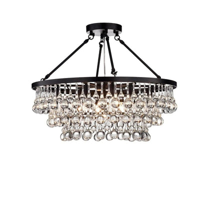 Black Finish Iron Semi Flush Mount Light Fixture Round Crystal Drops Ceiling Chandelier For Living Room-Nobipets