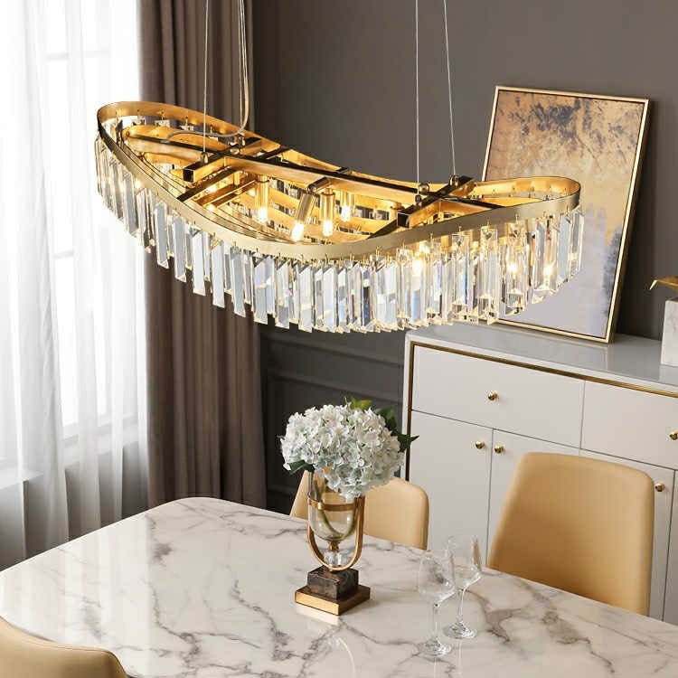Boat Shaped LED Crystal Chandelier Oval Ceiling Light Fixture For Living/ Dining Room Table In Brass Finish-Nobipets
